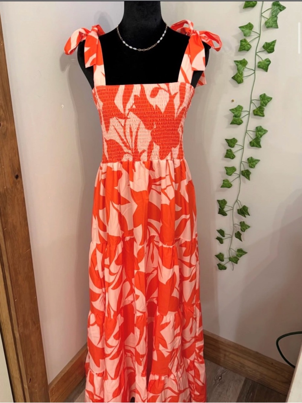 Amazon Orange and Pink Tie-Shoulder Smocked Maxi Dress